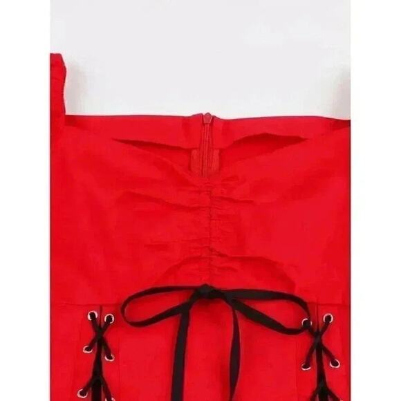 Retro Drawstring Gothic Lace Up Dress, Off Shoulder Short Sleeve Waist Sz M - Picture 6 of 6